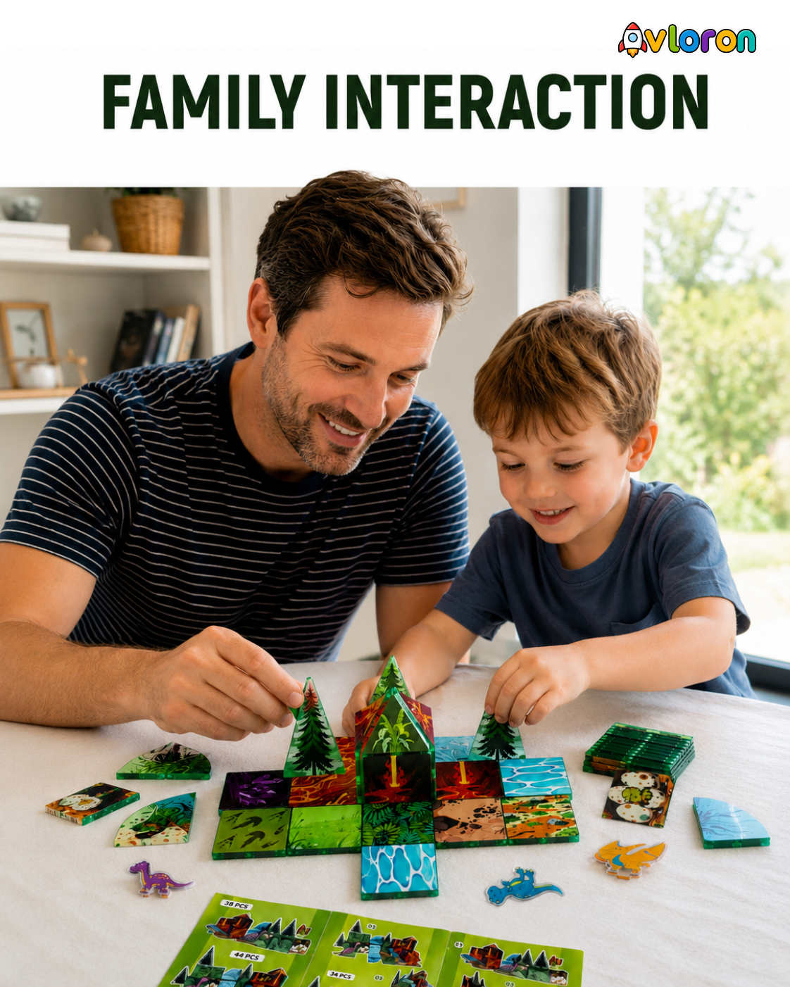Magnetic Building Tiles 3D Dino World 44PCS - STEM Construction Set with Strong Magnetic Force-Develop Thinking & Motor Skills Ages 3+