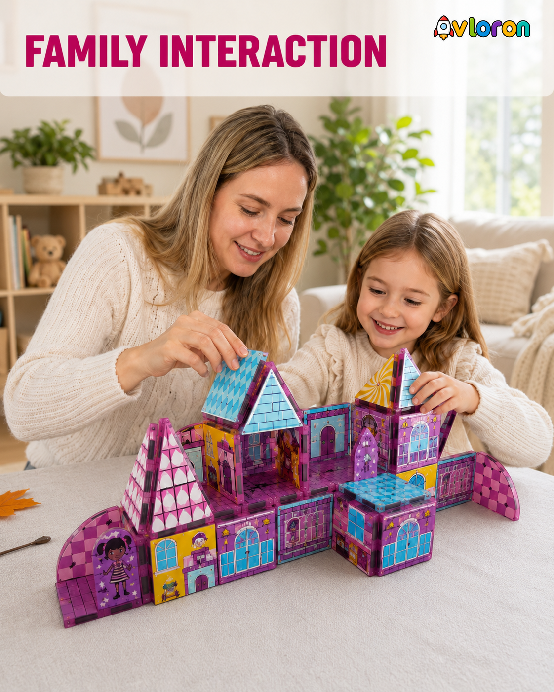 Magnetic Building Tiles 3D Pink Dollhouse 52PCS - STEM Construction Set with Strong Magnetic Force-Develop Creativity & Motor Skills Ages 3+