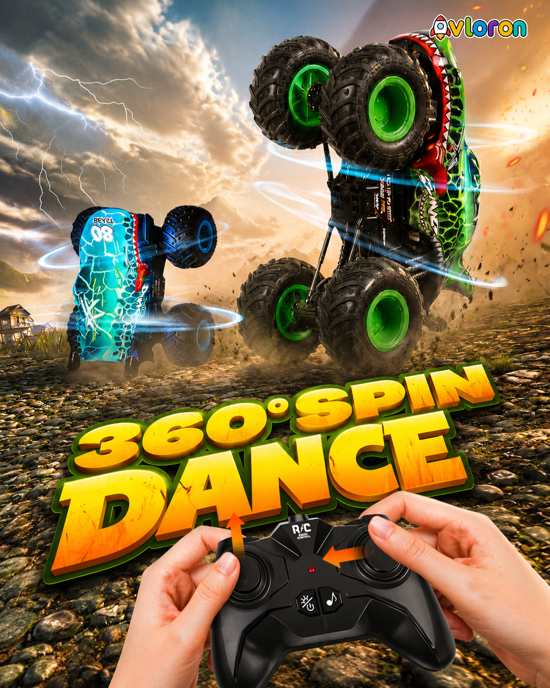 Monster Truck with LED Lights & 360° Spinning Action – Dinosaur Stunt Truck Fun for Kids Ages 3+