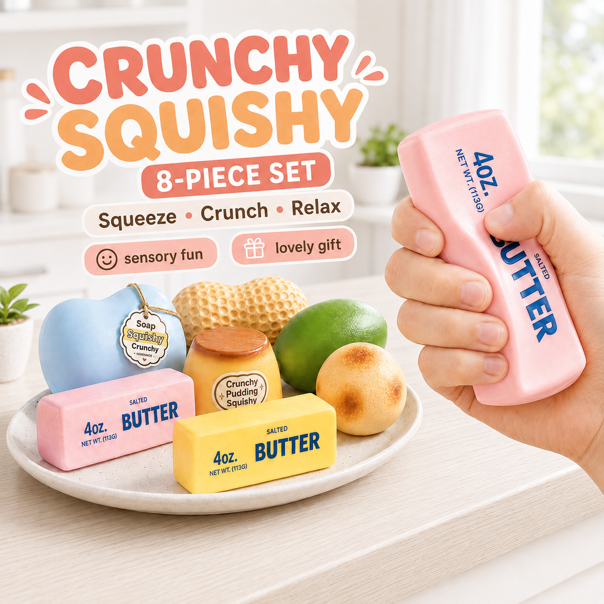 4PCS/8PCS AVLORON Crunchy Sound Squishy Set, Handmade Soft Squeeze Sensory Fidget Toys, ASMR Stress Relief Desk Toys for Teens & Adults