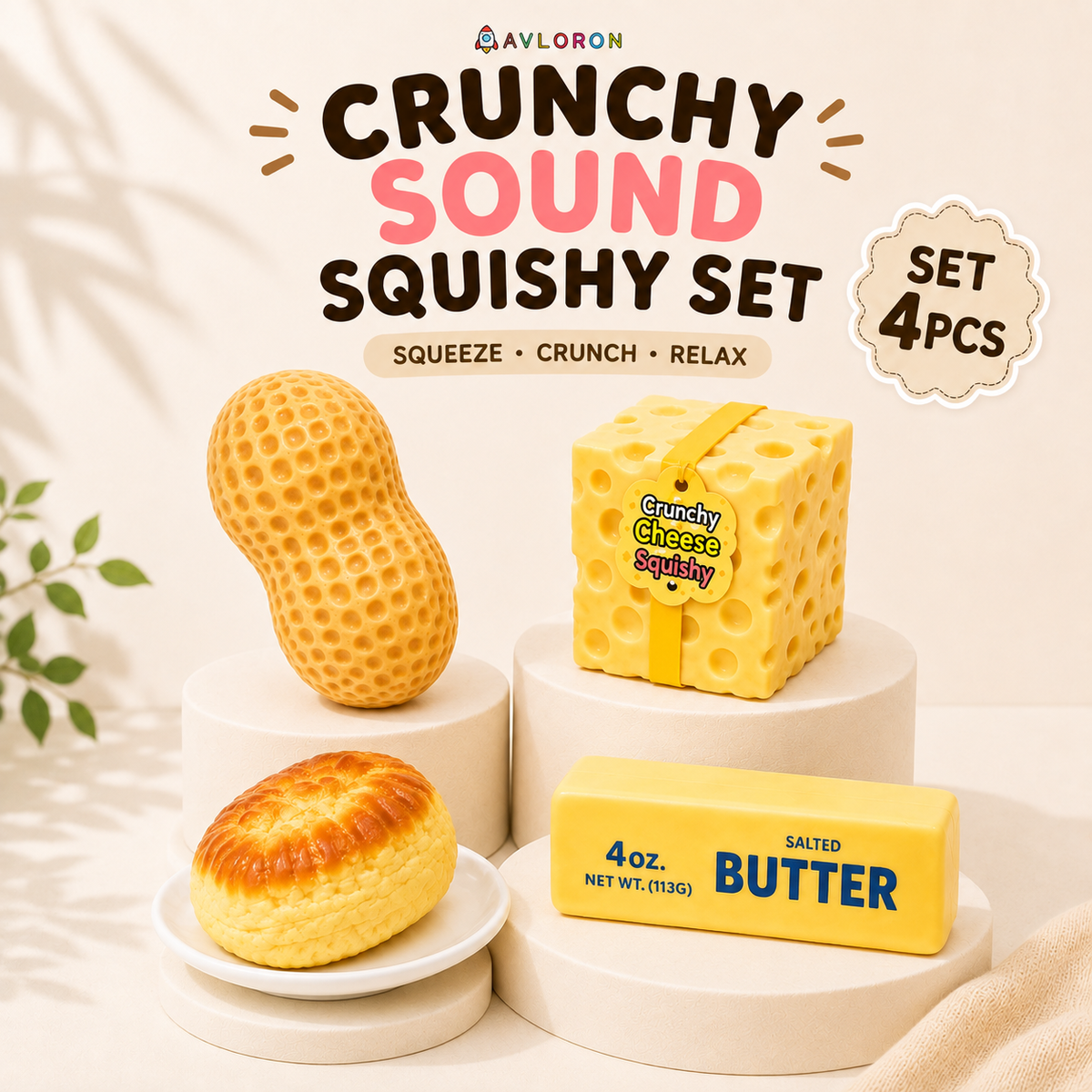 4PCS/8PCS AVLORON Crunchy Sound Squishy Set, Handmade Soft Squeeze Sensory Fidget Toys, ASMR Stress Relief Desk Toys for Teens & Adults